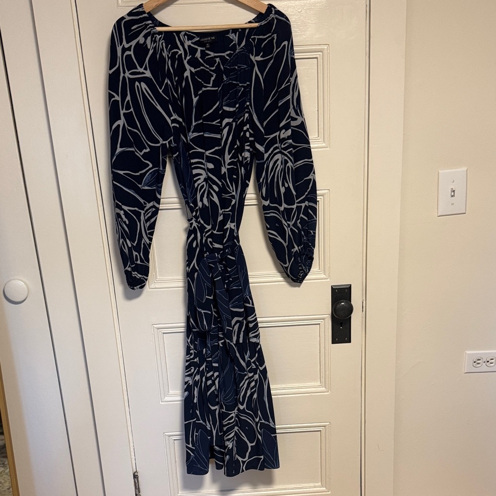 Lafayette 148 New York Navy and White Floral-Print Long Sleeve Wrap Dress
